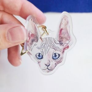 Pink Sphynx Cat Keychain, Cute Holographic Keychain, Blue Eye Color